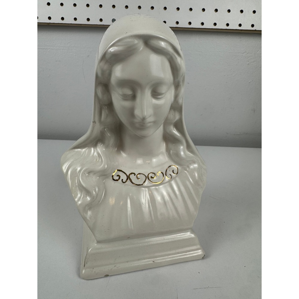 Vtg Virgin Mary Madonna Bust White Ceramic Catholic Decor Gold Trim